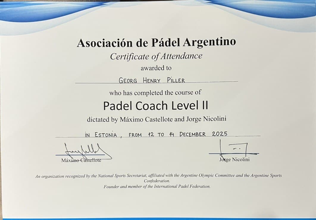 Padel Coach Level II certificate awarded to Georg Henry Piller